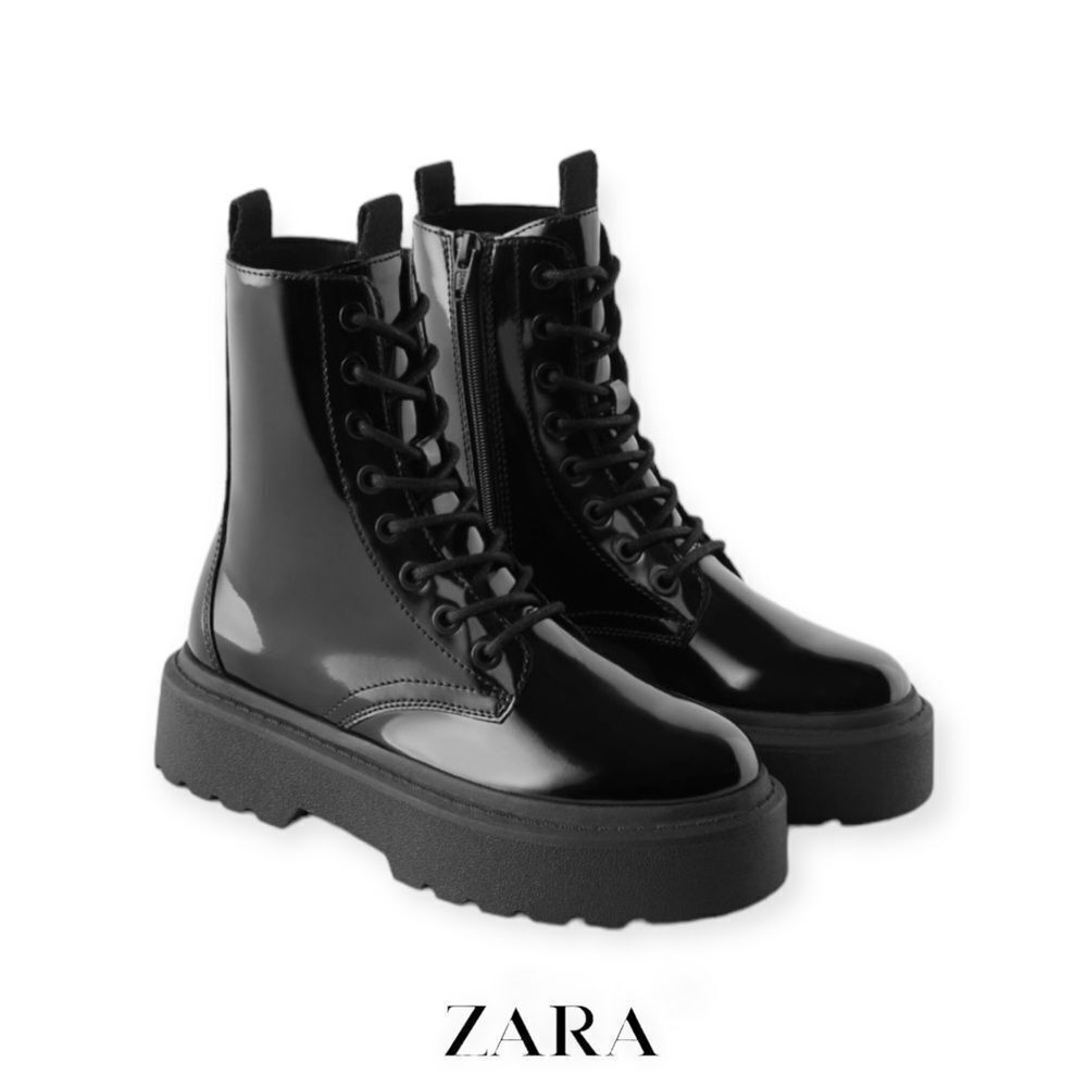 Zara Black Patent Lace-Up Platform Boots